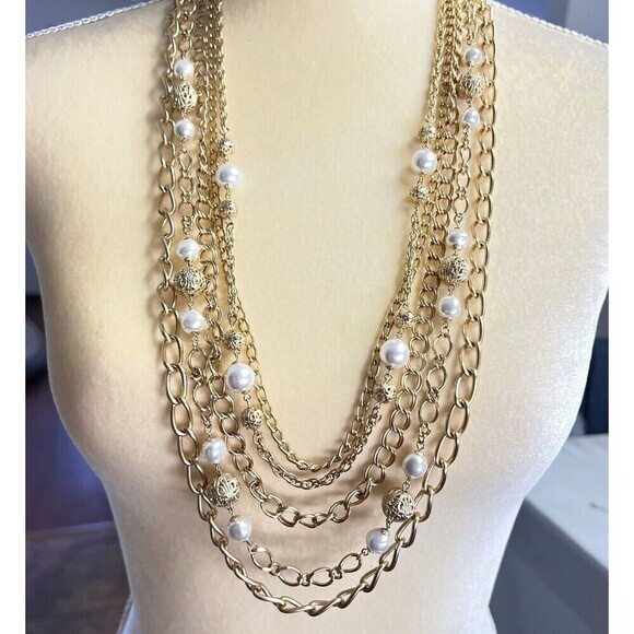 Gold-Tone Faux Pearl Bead Multi Chain Statement Necklace 34.5 in 5‎ Strand - Picture 16 of 16